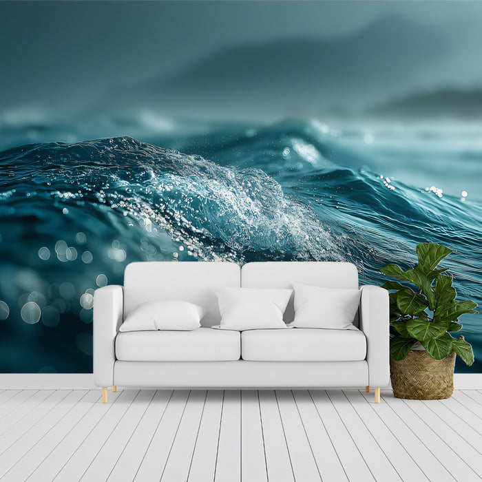 Sunlight Glistening Blue Water Surface Mural | Macro Shimmering Sea Wallpaper