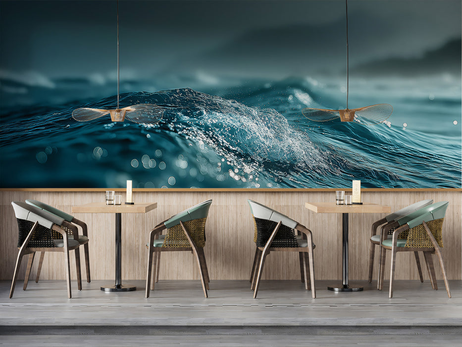 Sunlight Glistening Blue Water Surface Mural | Macro Shimmering Sea Wallpaper