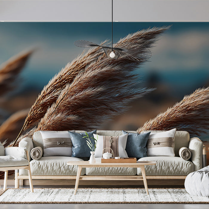 Golden Autumn Pampas Grass Meadow Mural | Soft Texture Nature Landscape