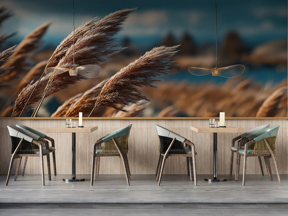 Golden Autumn Pampas Grass Meadow Mural | Soft Texture Nature Landscape