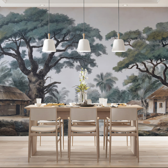 Vintage Tropical Village Life Illustration Mural | Colonial Heritage Art Wallpaper