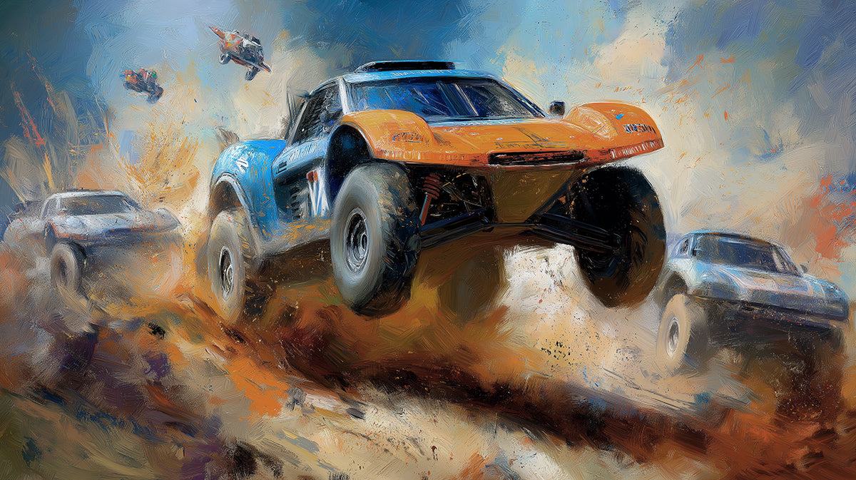Off Road Rally Car Racing Action Mural | Vibrant Impressionist Hobby Wallpaper