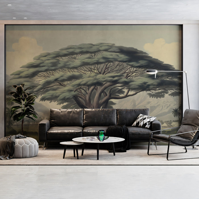 Majestic Giant Ancient Banyan Tree Mural | Vintage Rural Landscape Art Wallpaper