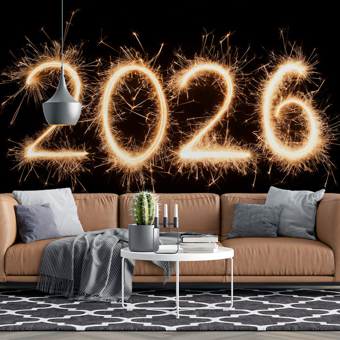 Golden Sparkler 2026 New Year Mural - Festive Celebration Wall Decor