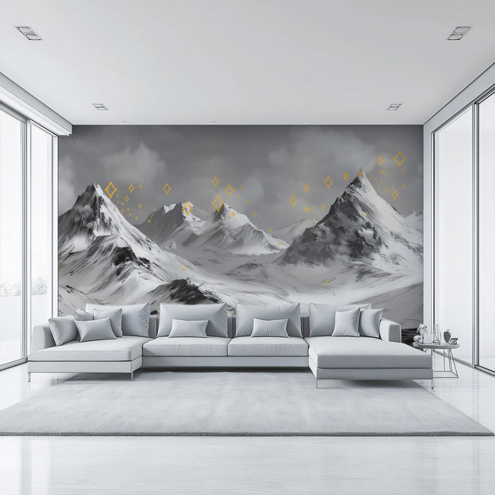 Starry Peaks Black & White Mural - Minimalist Mountain Landscape Decor