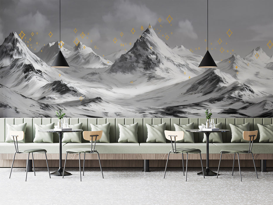 Starry Peaks Black & White Mural - Minimalist Mountain Landscape Decor