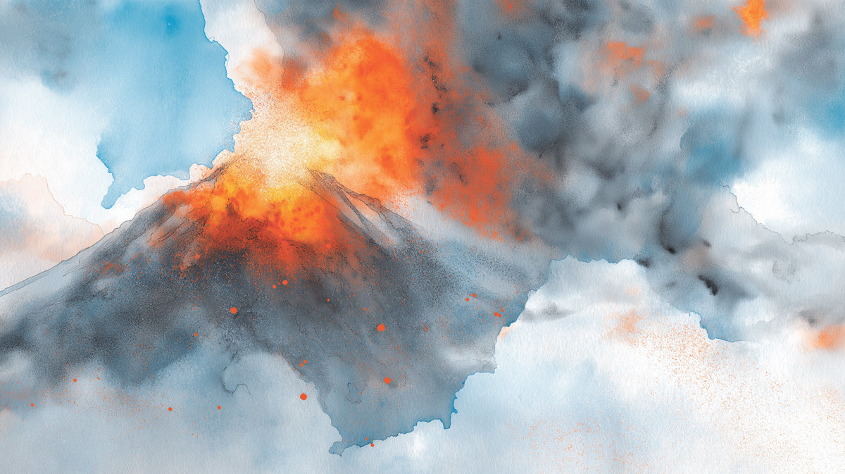 Watercolor mural of a volcanic eruption with charcoal mountains and fiery orange and ochre plumes on a light blue background.
