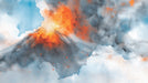 Watercolor mural of a volcanic eruption with charcoal mountains and fiery orange and ochre plumes on a light blue background.