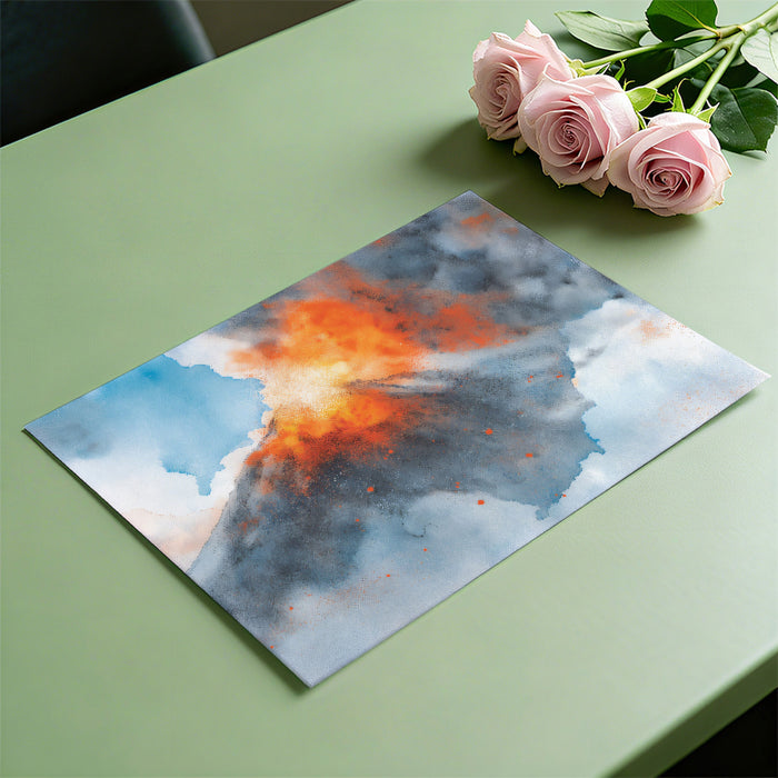 Vibrant volcanic art mural installed as a creative feature wall in a home office.