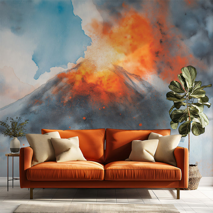 Dramatic erupting volcano wallpaper featured on a bedroom accent wall.
