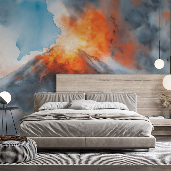 Abstract volcanic mural installed in a modern living room with minimalist furniture.