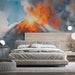 Abstract volcanic mural installed in a modern living room with minimalist furniture.
