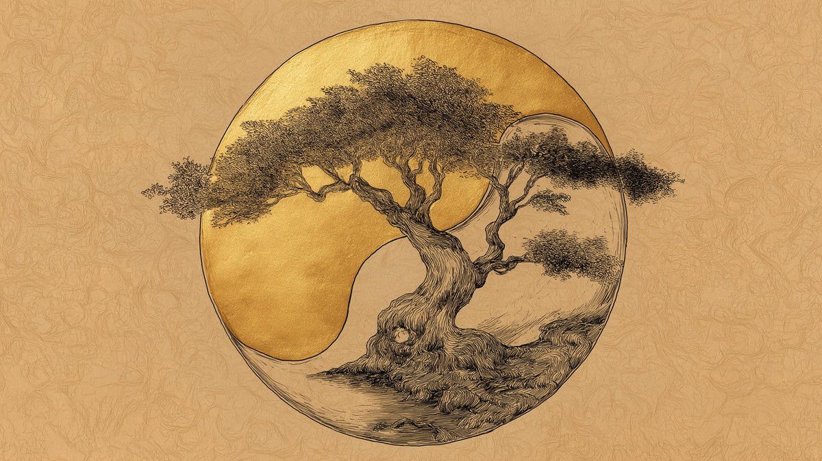 Zen Bonsai Gold Leaf Mural - Traditional Oriental Art Wall Decor