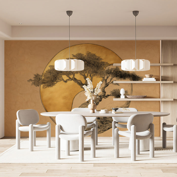 Zen Bonsai Gold Leaf Mural - Traditional Oriental Art Wall Decor