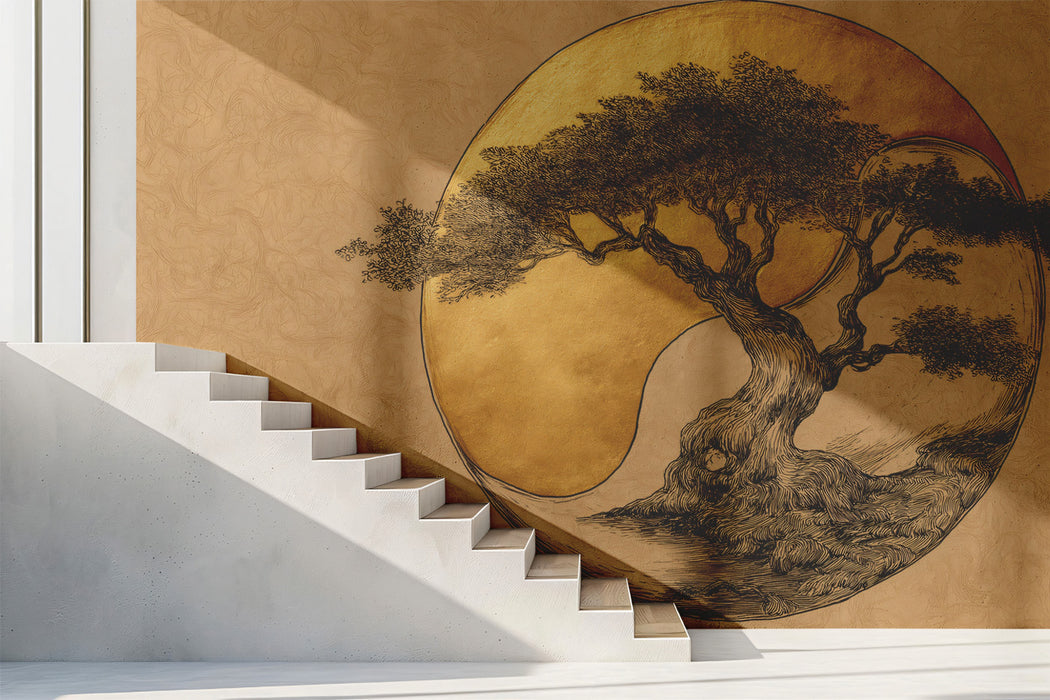 Zen Bonsai Gold Leaf Mural - Traditional Oriental Art Wall Decor