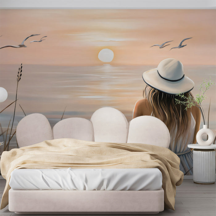 Serene Sunset Seascape Mural - Peaceful Coastal Living Wall Art