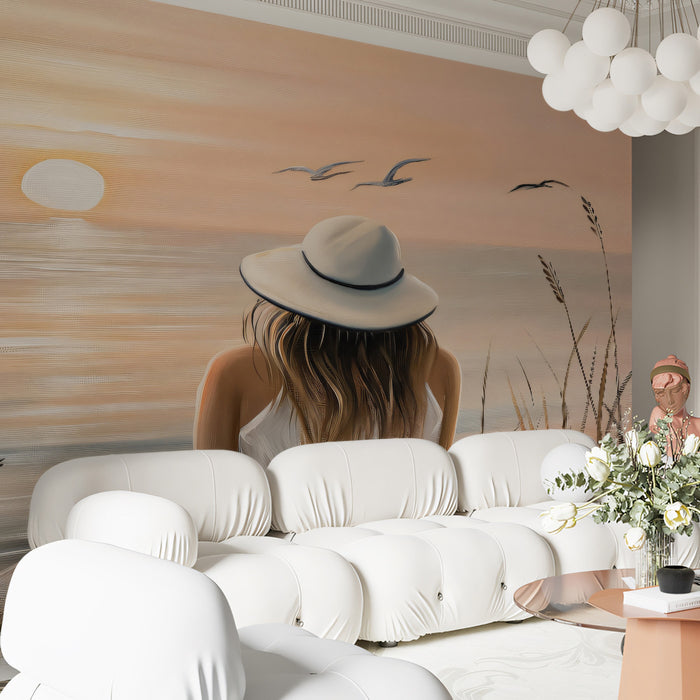 Serene Sunset Seascape Mural - Peaceful Coastal Living Wall Art