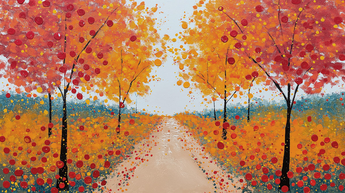 Autumn Path Impressionist Mural - Vibrant Orange and Red Fall Tree Decor