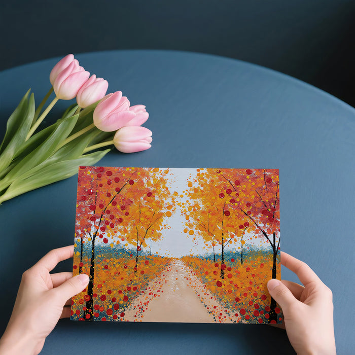 Autumn Path Impressionist Mural - Vibrant Orange and Red Fall Tree Decor