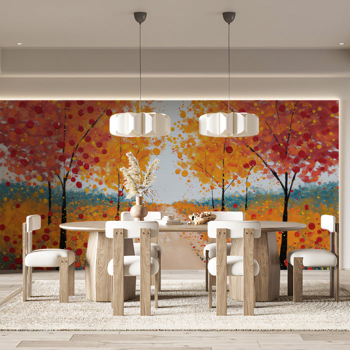 Autumn Path Impressionist Mural - Vibrant Orange and Red Fall Tree Decor