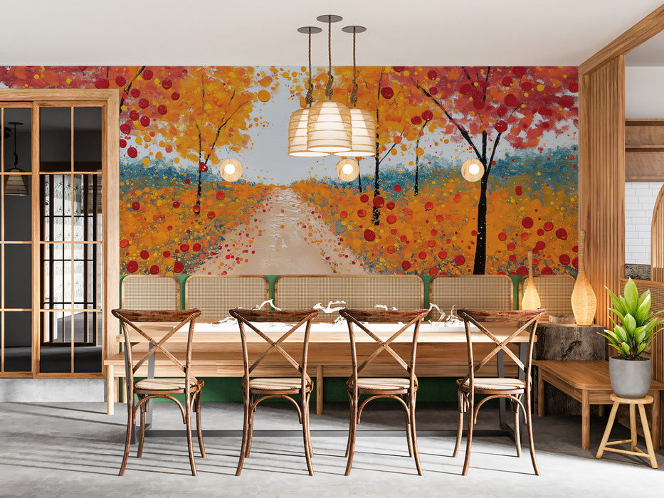 Autumn Path Impressionist Mural - Vibrant Orange and Red Fall Tree Decor