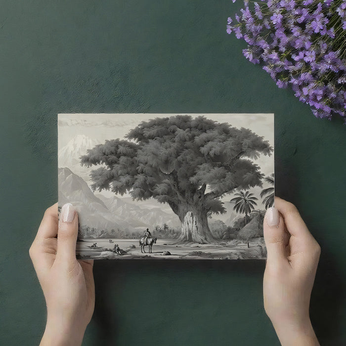 Vintage Banyan Under the Peaks Mural - Monochrome Etching Style Landscape