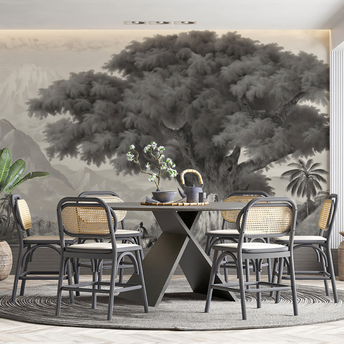 Vintage Banyan Under the Peaks Mural - Monochrome Etching Style Landscape