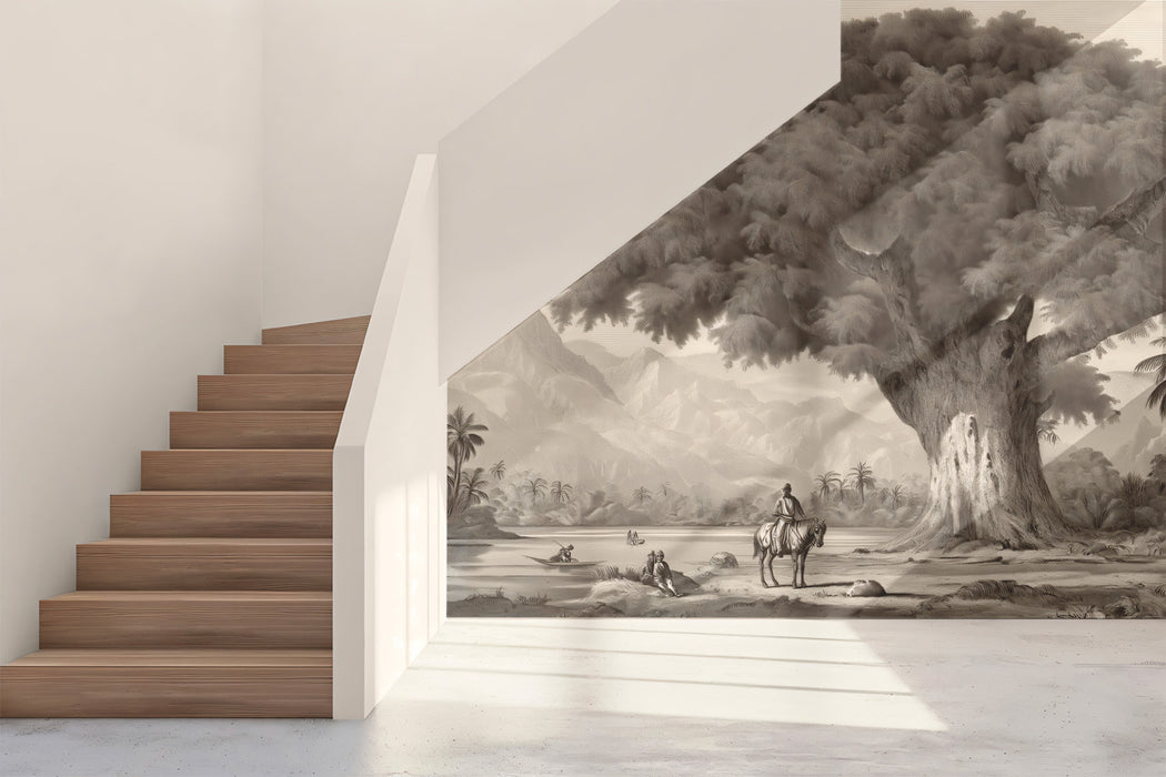 Vintage Banyan Under the Peaks Mural - Monochrome Etching Style Landscape