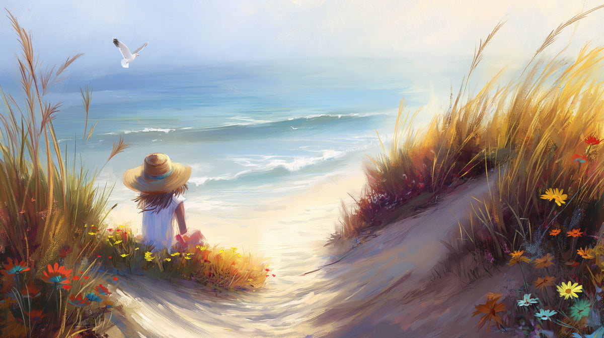 Girl at the Seaside Dunes Mural - Dreamy Coastal Summer Wall Art