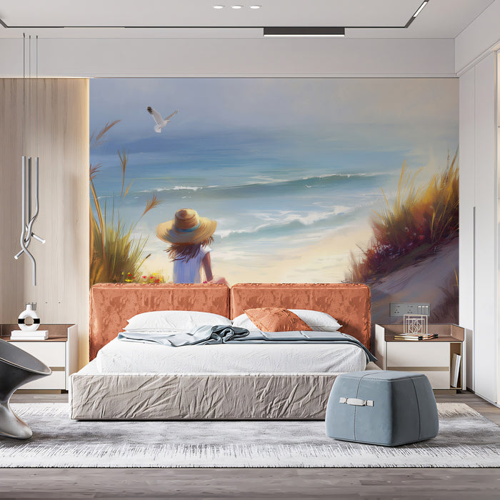 Girl at the Seaside Dunes Mural - Dreamy Coastal Summer Wall Art