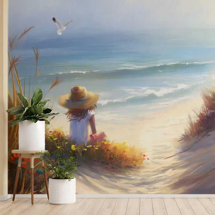 Girl at the Seaside Dunes Mural - Dreamy Coastal Summer Wall Art