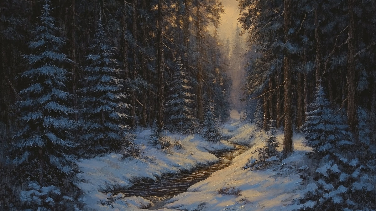 Twilight Snowy Forest Brook Mural - Moody Winter Landscape Decor