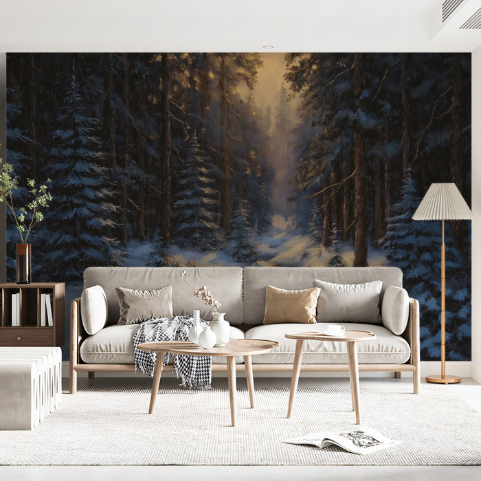 Twilight Snowy Forest Brook Mural - Moody Winter Landscape Decor