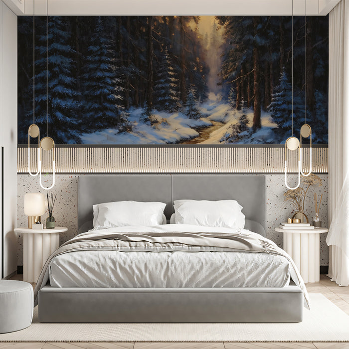Twilight Snowy Forest Brook Mural - Moody Winter Landscape Decor