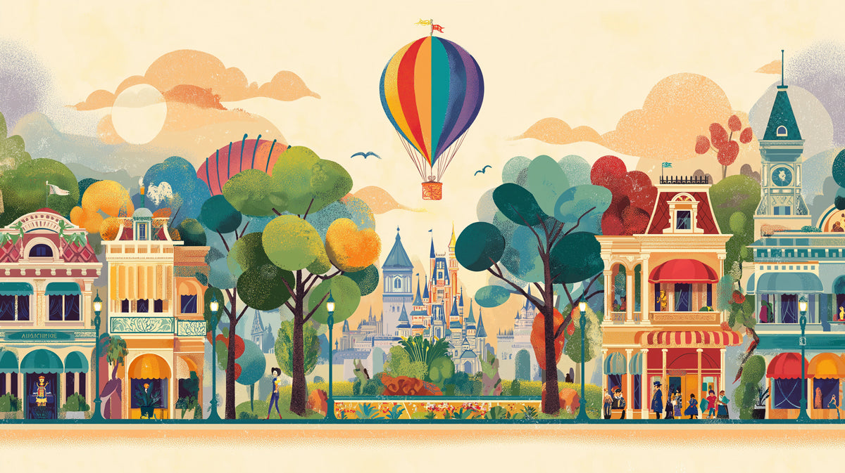 Whimsical Main Street Parade Mural - Retro Cartoon Cityscape Art