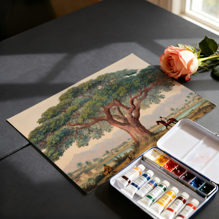 Majestic Acacia Tree with Rider Mural - Vintage African Savanna Art