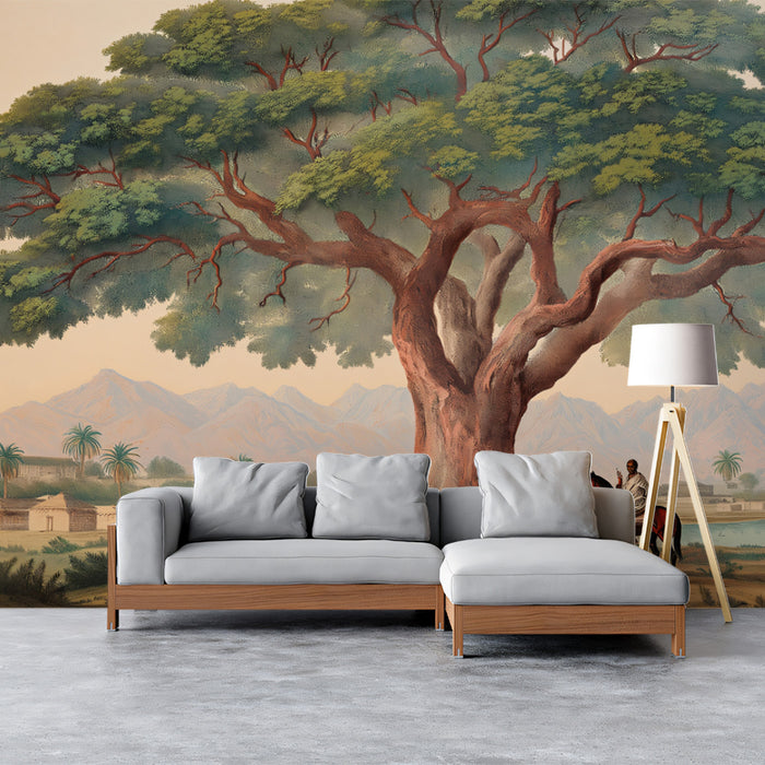 Majestic Acacia Tree with Rider Mural - Vintage African Savanna Art