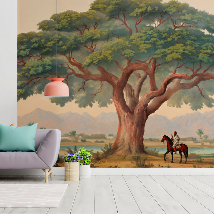 Majestic Acacia Tree with Rider Mural - Vintage African Savanna Art