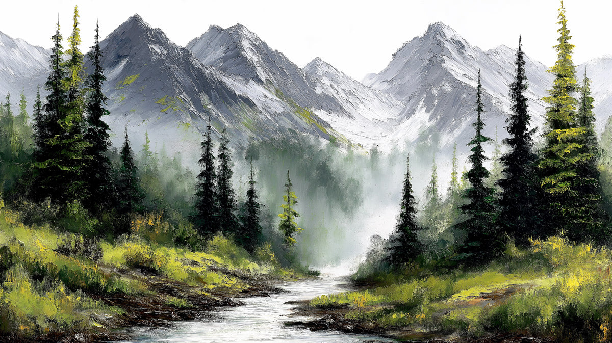 Majestic Alpine Pine Forest Mural - Textured Mountain Stream Painting