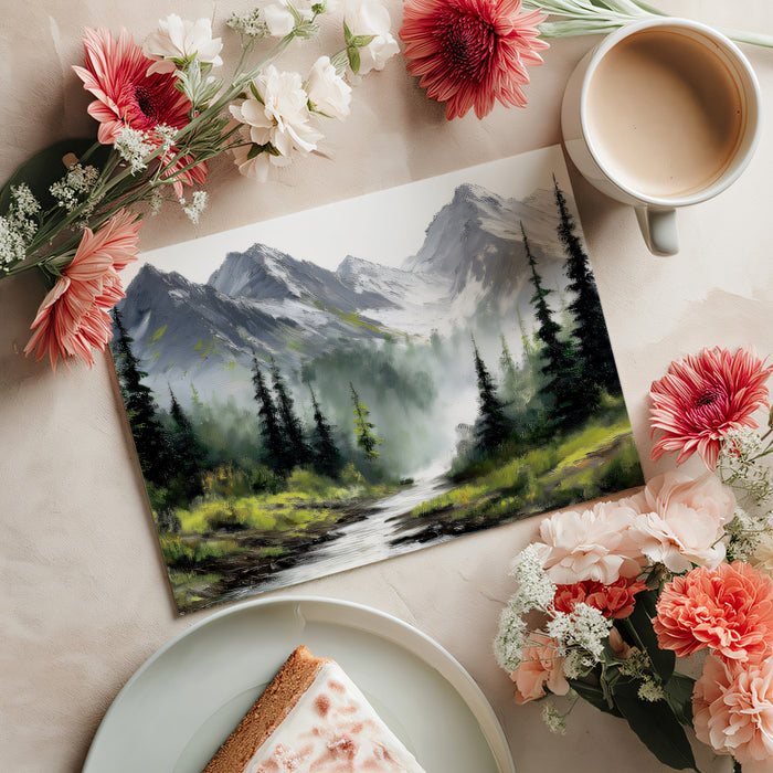 Majestic Alpine Pine Forest Mural - Textured Mountain Stream Painting