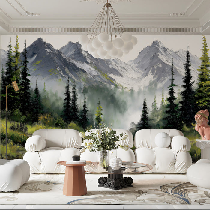 Majestic Alpine Pine Forest Mural - Textured Mountain Stream Painting