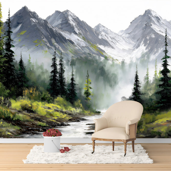 Majestic Alpine Pine Forest Mural - Textured Mountain Stream Painting