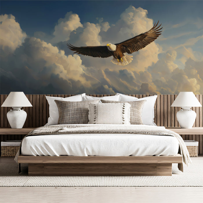 Soaring Eagle Through the Clouds Mural - Powerful Wildlife Art Decor