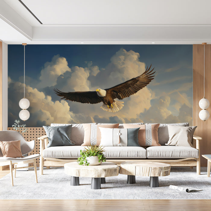 Soaring Eagle Through the Clouds Mural - Powerful Wildlife Art Decor