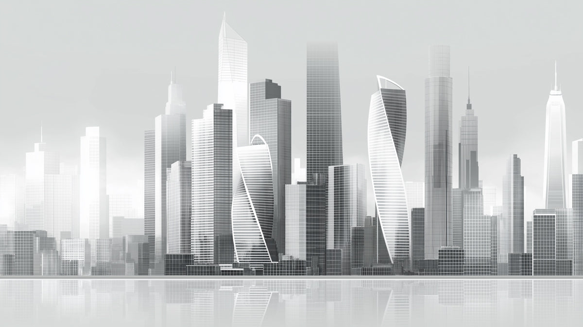Futuristic Monochrome Skyline Mural - Modern Minimalist Cityscape Decor