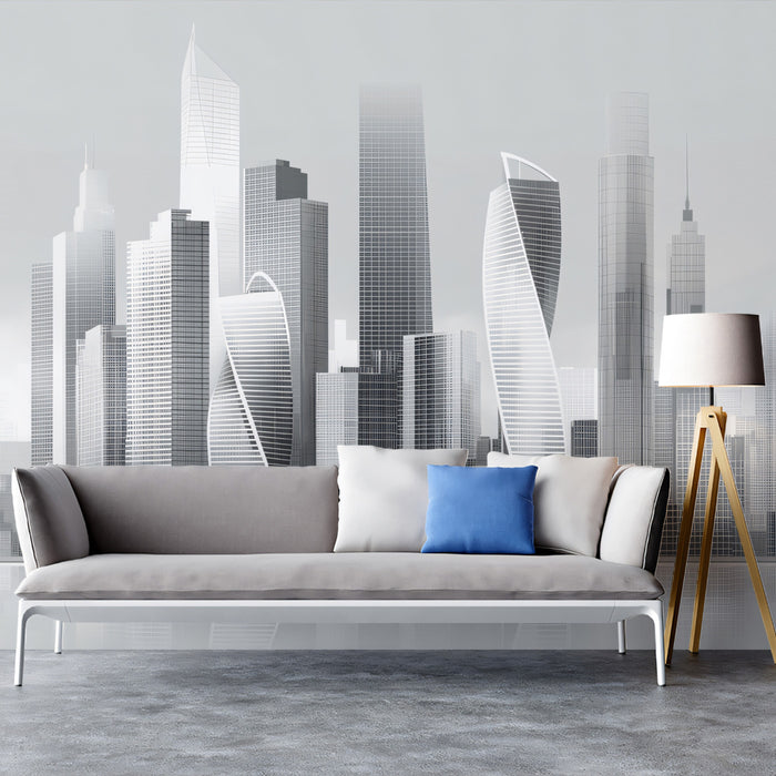 Futuristic Monochrome Skyline Mural - Modern Minimalist Cityscape Decor
