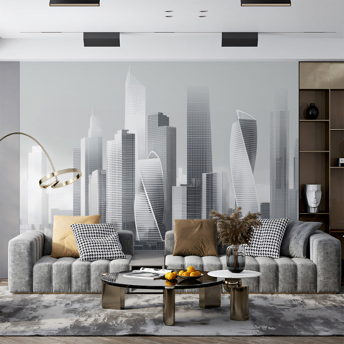 Futuristic Monochrome Skyline Mural - Modern Minimalist Cityscape Decor
