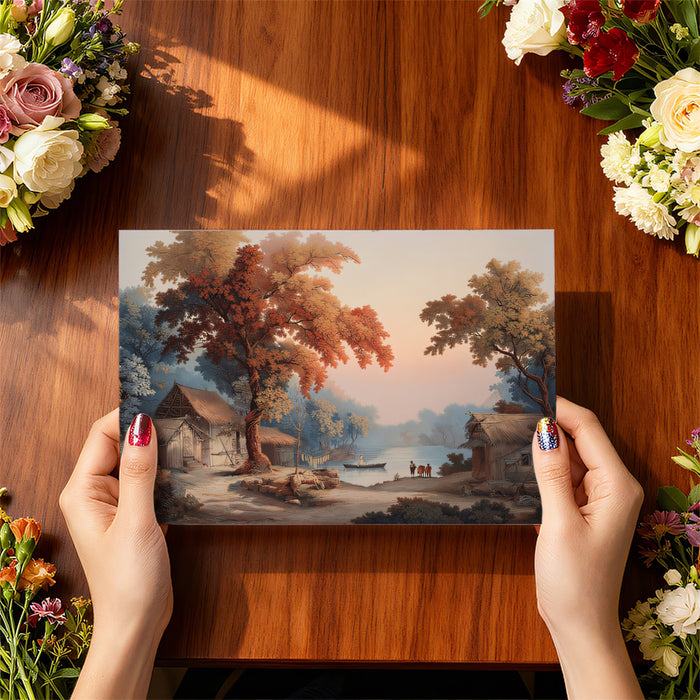 Serene Riverbank Village Mural - Classical Scenic Landscape Painting