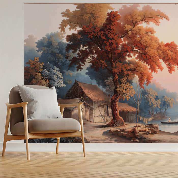 Serene Riverbank Village Mural - Classical Scenic Landscape Painting