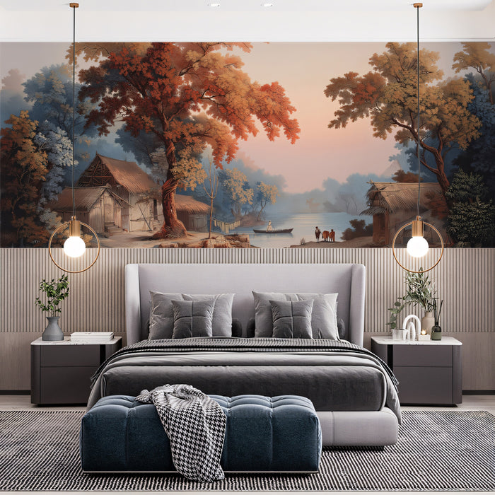 Serene Riverbank Village Mural - Classical Scenic Landscape Painting